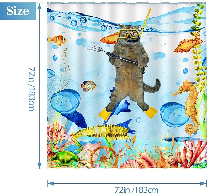 Aimego Funny Cat Shower Curtains for Bathroom - Sea Ocean Animal Underwater Tropical Fish Coral Seahorse Fun Bath Shower Curtain Set with 12 Hooks for Adults Kids Bathroom Decor Accessories, 72"x72"