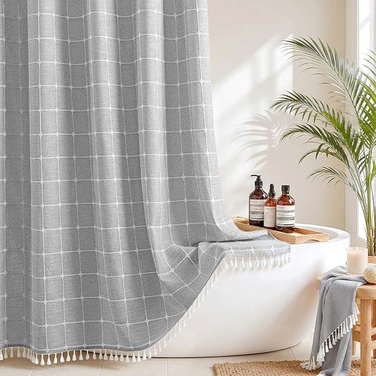 River Dream Farmhouse No Hooks Shower Curtain with Snap-in Liner,Grey,71x74 | Snap on Fabric Liner,Heavy Duty,Quick Dry,Mesh Top,With Bottom Magnets,Washable,with Tassels,Standard Size