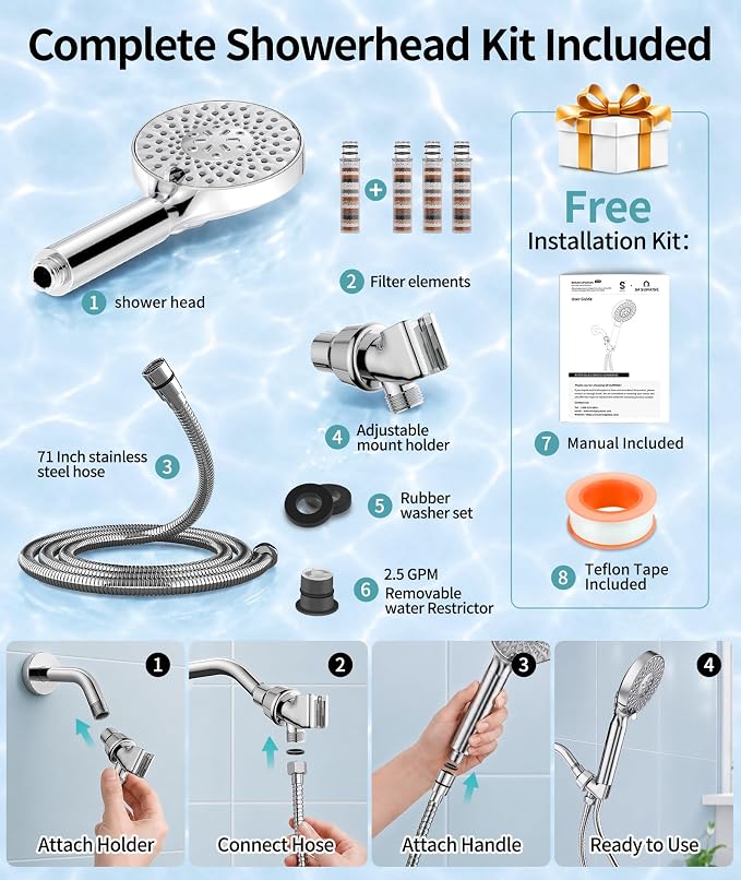 SR SUN RISE Filtered Shower Head with Handheld High Pressure 9 Spray Mode Showerhead Detachable Shower Head Water Softener Filters Beads for Hard Water Remove Chlorine 4 Filters Chrome