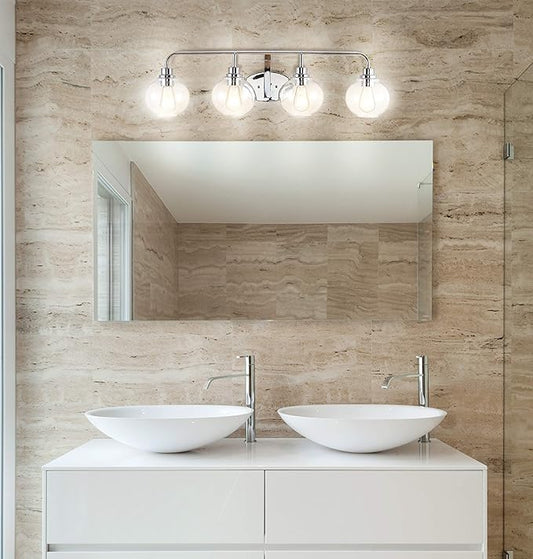 JONATHAN Y 36" Chrome Farmhouse LED Vanity Light Wall Sconce for Bathroom, Clear Seeded Glass Shade, Industrial Iron Indoor Fixture, LED Bulb Included (JYL7529B)