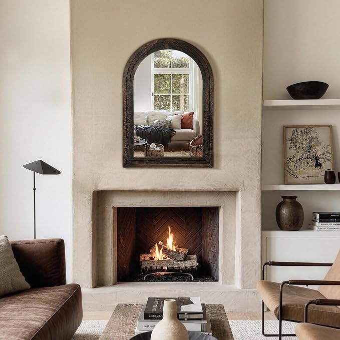 Arched Bathroom Mirror, 40"x28" Brown Wood Frame Wall Mirror | Farmhouse Vintage Vanity Mirror with Layered Frame for Entryway, Living Room, Bedroom