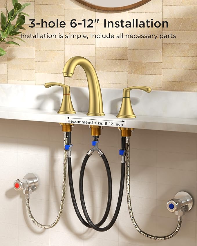 FORIOUS Gold Bathroom Faucet 3 Hole, Widespread Bathroom Sink Faucet 8 Inch with Pop Up Drain and CUPC Supply Hose, 2 Handle for Vanity Rv Commercial Lavatory Restroom