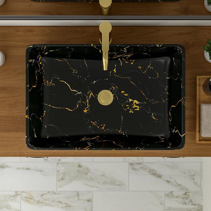 Logmey Rectangle Marble Black Vessel Sink | 23"x15" Ceramic Countertop Bathroom Sink Modern Black Yellow Marble Pattern Porcelain Vanity Sink Lavatory Art Basin