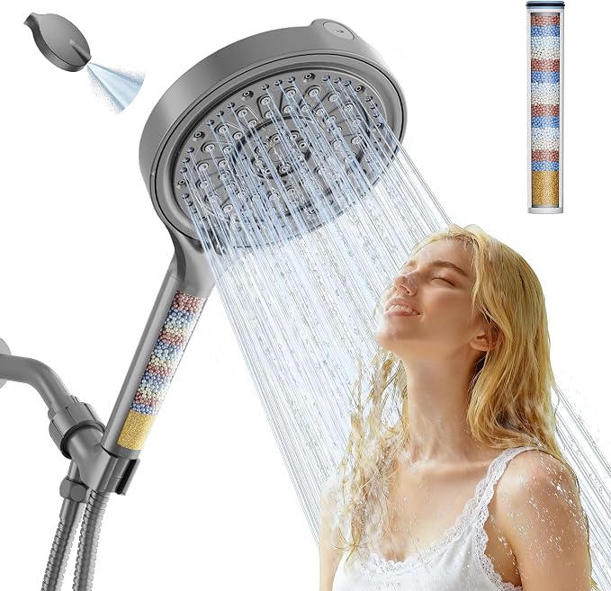 Filtered Shower Head, 6 Inch High Pressure Handheld Shower Filter Head for Hard Water, 6 Spray Modes Water Softener Showerhead with Hose and Shower Arm Bracket, Dark Grey