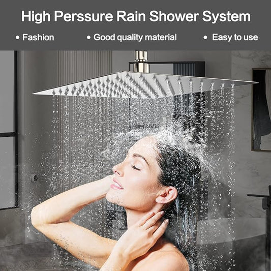 Brushed Nickel Rain Shower System Faucet Set with Handheld, 12 inch | Solid Metal Wall Mount Rainfall Shower Set with Safe Anti-Scald Valve, Air Injection High Pressure Water Saving Combo