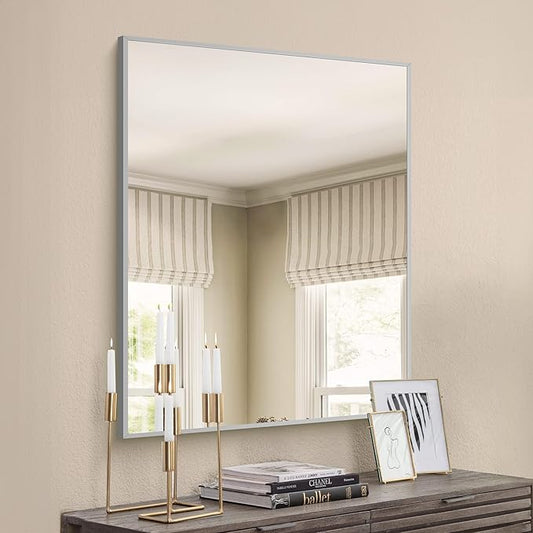 30x40In Silver Bathroom Mirror for Wall, Brushed Nickel Rectangle Mirrors with Metal Frame, Bathroom Rectangular Mirror Modern Wall Mirror for Bedroom Living Room, Hangs Horizontal or Vertical