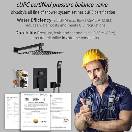Black Rain Shower System Faucet Set with Handheld, 10 inch | Solid Metal Wall Mount Rainfall Shower Set with Safe Anti-Scald Valve, Air Injection High Pressure Water Saving Combo