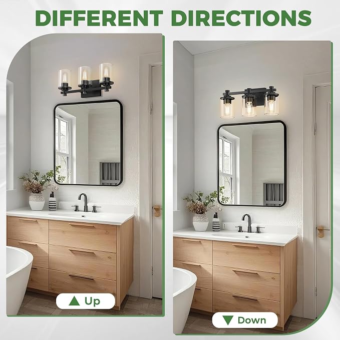 20 Inch 3-Light Matte Black Bathroom Light Fixture | Modern Matte Black Vanity Light Fixture, Clear Glass Shade Bathroom Wall Light, Mirror Lighting for Indoor Spaces, ETL Listed