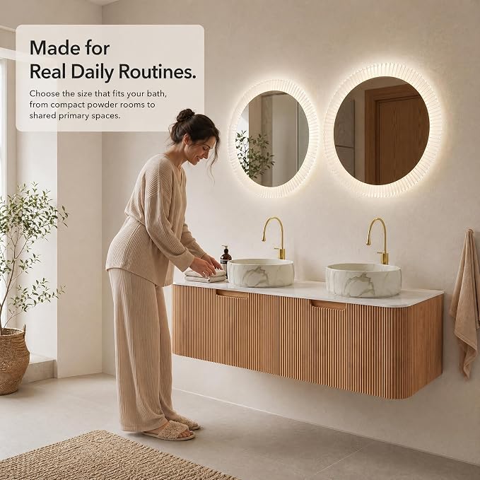 60 Inch Double Sink Bathroom Vanity, Floating Wall Mounted Cabinet, Natural Woodgrain Curved Fluted Front, Stone Top, Dual Marble-Look Round Vessel Basins, Pre-Assembled