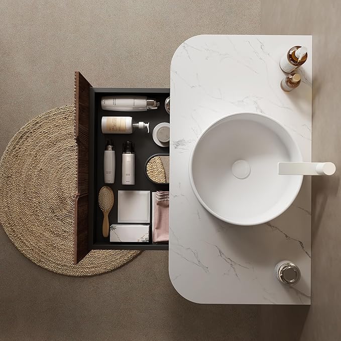 36'' Bathroom Vanities Cabinet with Sink Combo, Wall Mounted Floating Cabinet W/Curved Edges Stripes, Oak Plywood, Soft-close System with a Drawer, White Round Ceramic Basin - Kiel, Dark Walnut