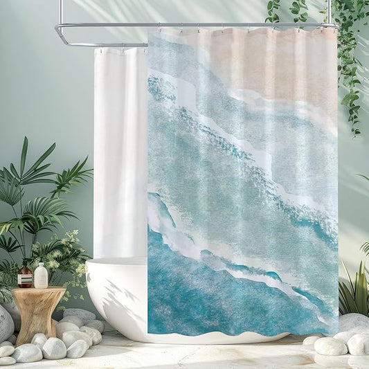Extra Wide Beach Ocean Theme Shower Curtain 108 x 72, Teal Nautical Coastal Shower Curtains for Claw Foot Tub, 108 inch Seashell Starfish Coral Shower Curtain Set with 18 Pack Plastic C-Hooks