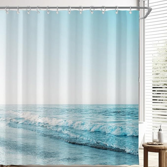 Ocean Beach Coastal Seaside Shower Curtain for Bathroom 72W*72H Inch Nautical Summer Seacoast Beachy Waves Bathtub Decor Seascape Neutral Waterproof Polyester Fabric Set with 12 Hooks