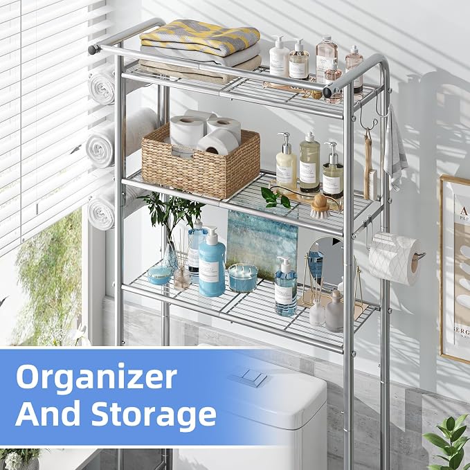 Simple Trending 3 Tier Over The Toilet Rack, Shelf Bathroom, Bathroom Stand Organizer Space Saver, Silver