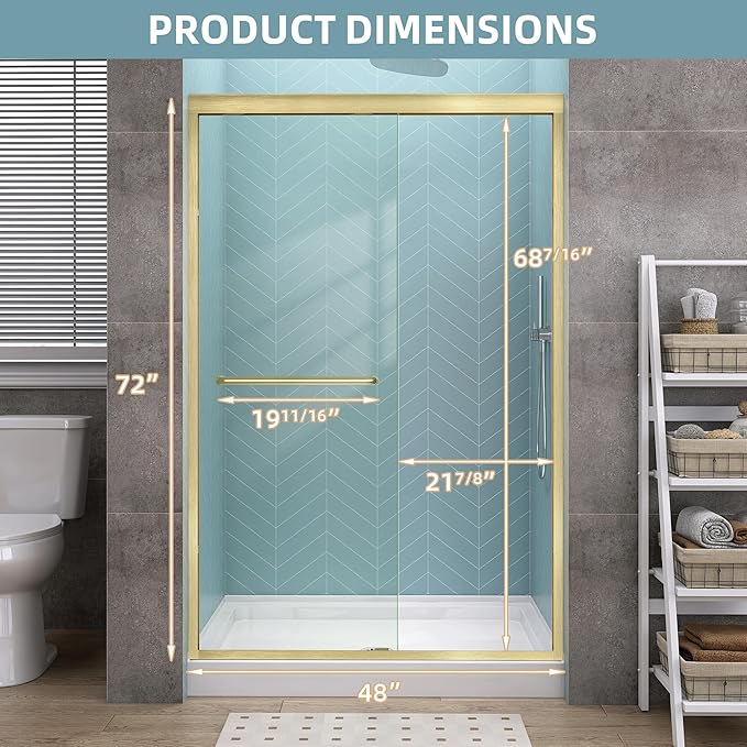 GETPRO Sliding Shower Door 44-48 in. W x 72 in. H Semi-Frameless Bypasss Double Sliding Glass Shower Doors,1/4 inch Clear Tempered Glass Door for Walk-in Shower Brushed Gold