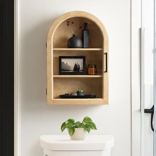 Kate and Laurel Arcott Modern Arch Wall Cabinet, 16 x 7 x 24, Natural Wood, Transitional Arched Cabinet for Use as Over-The-Toilet Storage or Living Room Storage Option
