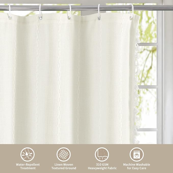 Boho Farmhouse Tassel Linen Shower Curtain,3D Embroidery Stripe Ivory,72x72 | 310GSM Striped Texture Heavy Duty Cloth,Water Repellent,Wrinkle Resistant,Vintage Rustic Country design,12 Plastic Hooks