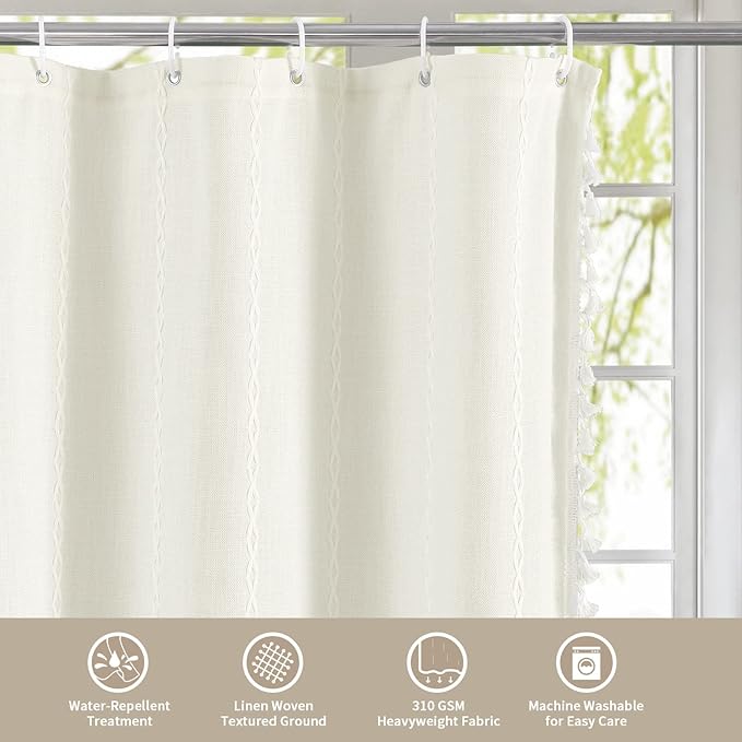 Boho Farmhouse Tassel Linen Shower Curtain,3D Embroidery Stripe Ivory,72x96 | Extra Long Xl,310GSM Striped Texture Heavy Duty Cloth,Water Repellent,Wrinkle Resistant,Vintage Farmhouse Rustic