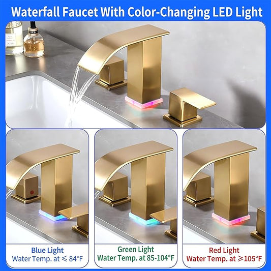 Brushed Gold Waterfall Bathroom Faucet 8 inch Widespread Vanity faucets Modern Faucet 3 Hole 2 Handle Gold Sink Faucet for Bathroom with LED(Brushed Gold)