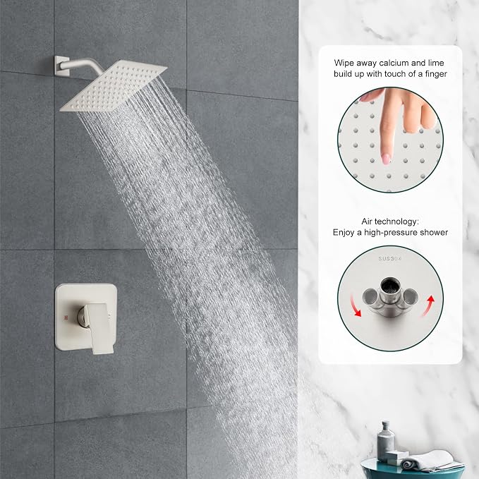 Heyalan 8 Inch Square Rain Shower Faucet Set with Valve, Brushed Nickel | Female-thread 1/2-inch NPT connections, SUS304 shower head, brass rough-in valve, single-handle control Shower Set