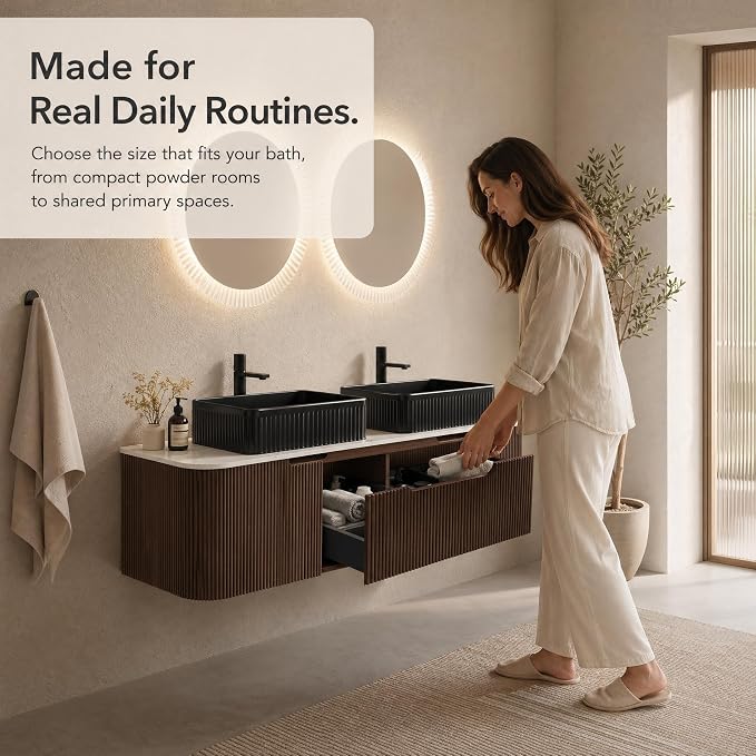 60 Inch Double Sink Bathroom Vanity, Floating Wall Mounted Cabinet, Dark Walnut Curved Fluted Front, Stone Top, Dual Black Textured Rectangular Vessel Basins, Pre-Assembled