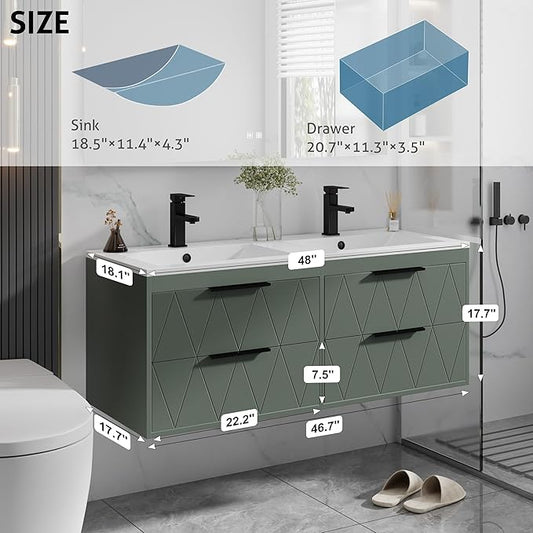 eclife 48" Bathroom Vanities Cabinet with Sink Combo, Wall Mounted Floating Cabinet W/Decor Line, Soft-Close System, 4 Extra Big Drawers, Matte Black Faucet, Gray Green
