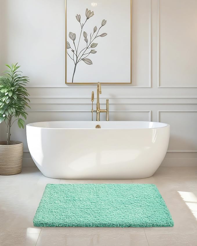 ILANGO Spa Blue Bathroom Rugs 36" × 24" Non Slip & Super Absorbent Extra Thick Soft, Washable Bath Mat for Floor, Microfiber Plush Shaggy Bath Rug with Rubber for Bathtub Shower Room Sink