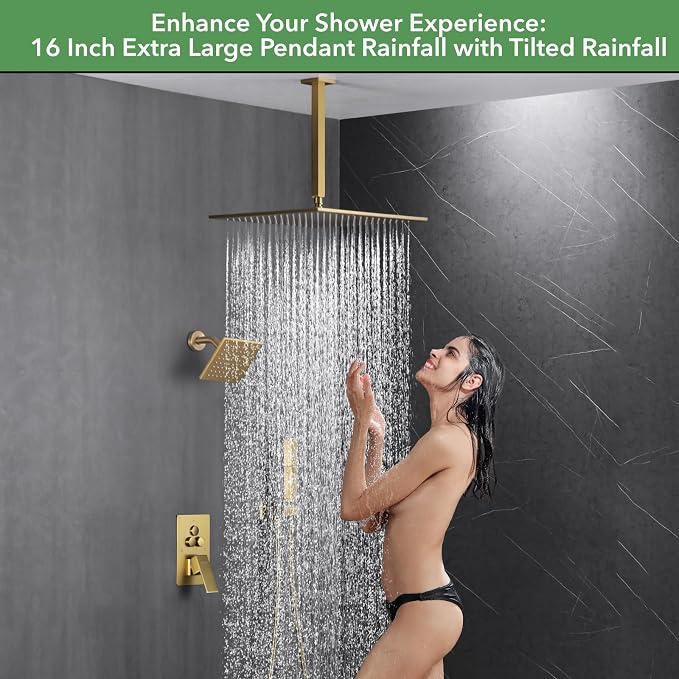 VANFOXLE Shower System, Brushed Gold Shower Faucet Set, Push Button Valve | 16 Inch Ceiling Mount Rain Head, 6 Inch Wall Mount Head, 2-in-1 Handheld Sprayer, Solid Brass Valve, Rust Resistant