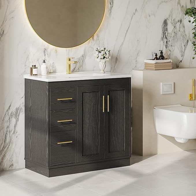 IRONCK 36 Inch Bathroom Vanity with Sink, Modern Black Bathroom Cabinet with Soft Closing Doors, 3 Drawers, Adjustable Shelf & Toilet Paper Holder