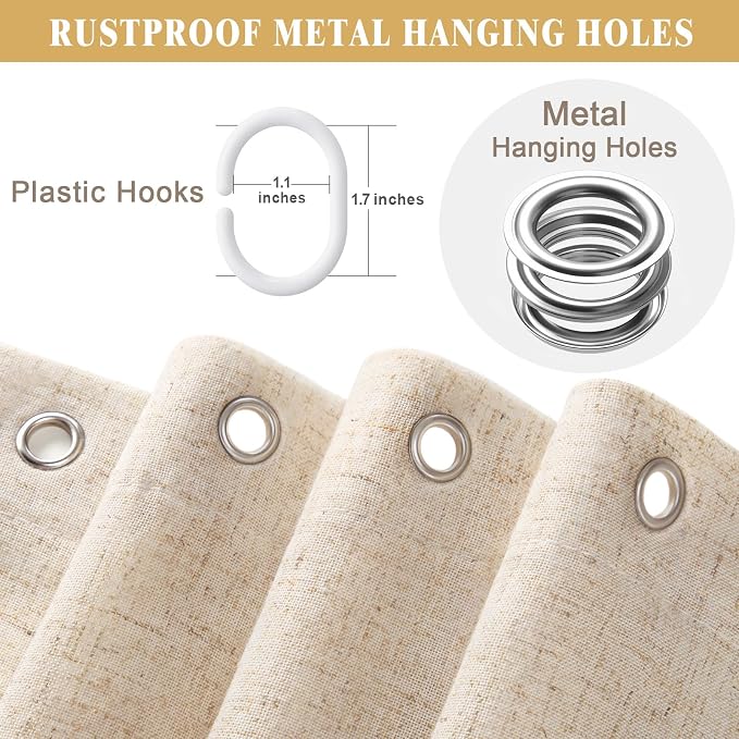 Scalloped Shower Curtain Linen Boho Beige 72" W x 90" L | Linen Fabric, Black Border, Washable, Heavy Duty Cloth, Shower Curtain for Boho Farmhouse Bathroom Bathtub
