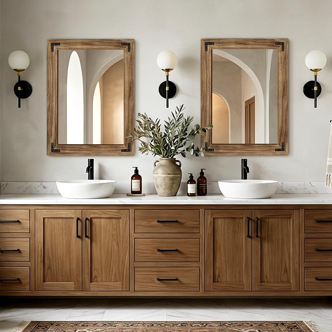 AMOISE Farmhouse Bathroom Vanity Mirror 32"x24" Vintage Rustic Wall Mirror | Wood Frame, Over Sink Mirror for Bathroom, Entryway, Bedroom, Living Room, Vertical or Horizontal Hanging
