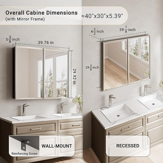 Pre-Assembled Surface or Recessed Medicine Cabinet Mirror-40x30 Brushed Nickel Bathroom Medicine Cabinet with Mirror & Rustproof Aluminum Frame, Beveled Bathroom Vanity Mirror with Storage
