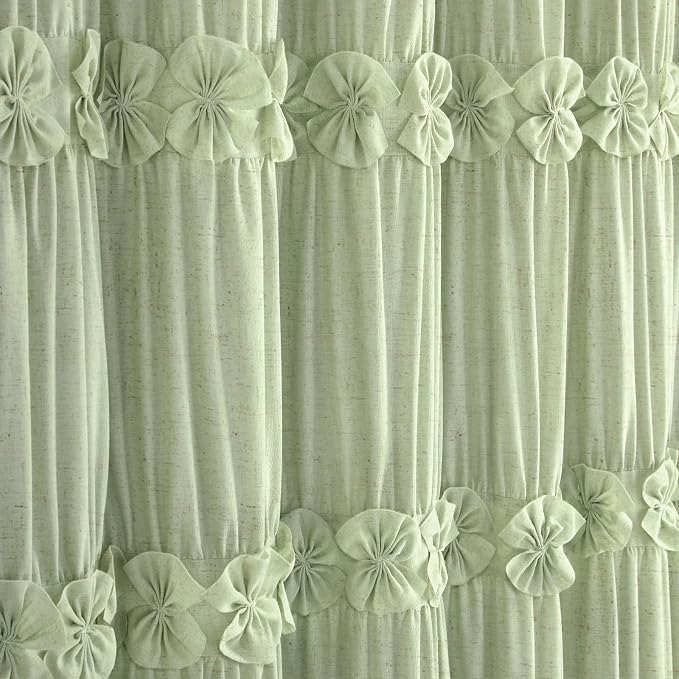 Ruffle Farmhouse Linen Shower Curtain with Vintage Bow Green 72" W x 72" H | Linen Blend Fabric, Ruffle Bow and Ruffled Hem,Linen Texture,Machine Washable,12 Metal Holes and Plastic Hooks