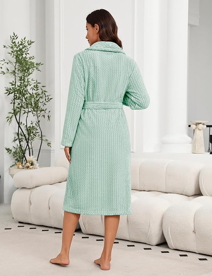 Ekouaer Women's Robe Long Plush Soft Bathrobe Cozy Warm Robes Shawl Collar Sleepwear with Pockets