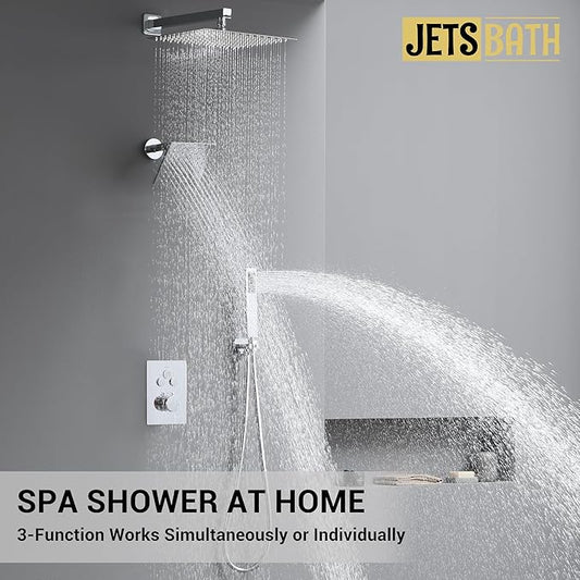 Thermostatic Shower System, Dual Rainfall Shower Faucet(Chrome) | 12 Inch Shower Head, 6 Inch Wall Mount Head, High Pressure Handheld Sprayer, Push Button Valve