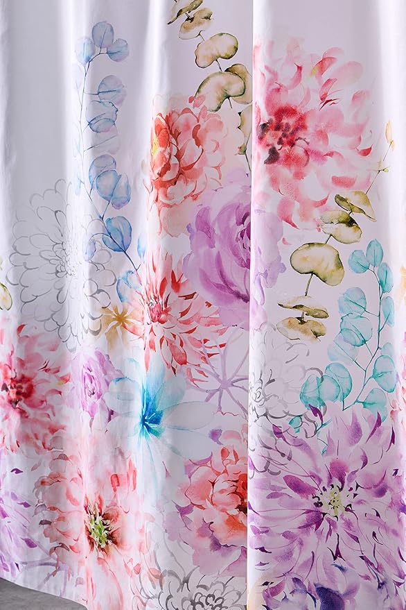 Maison d' Hermine Shower Curtain 100% Cotton One Panel 70"x72" Washable Fabric Shower Curtains for Bathroom, Easy Hanging with 12 Button Holes - Home Hotel Spa Easter Gifts (Floral - White)