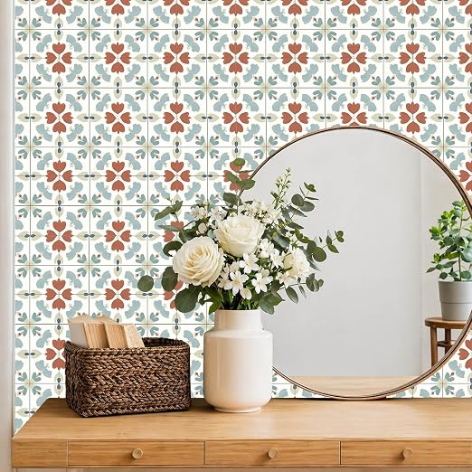 Muted Floral Geometric Peel and Stick Floor Tiles 12x12 Inch 10PCS | Muted teal rust and cream floral geometric pattern vinyl floor stickers for kitchen bathroom entryway and indoor home decor