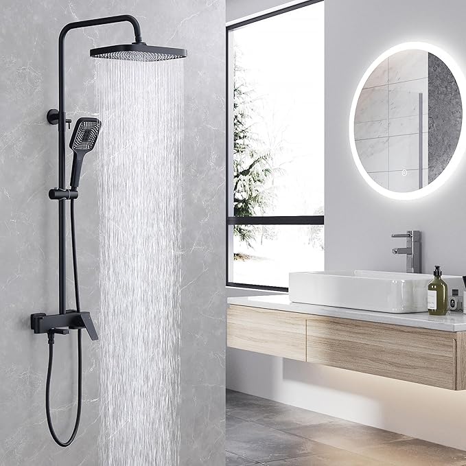Shower Systems with 12 x8 Inches Rain Shower Head, Matte Black Exposed Pipe Shower System,3 Functions Tub Shower Faucet Sets,Overhead Shower System with Handheld