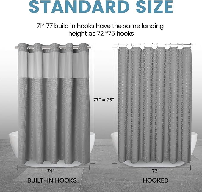EUTXL Heavyweight No Hook Shower Curtain with Liner, Grey,71x77 | Snap in Liner, 256GSM Thick Waffle Fabric, Hotel Luxury Spa, Corner Magnets, Quick Dry, Waterproof & Washable, Long Size