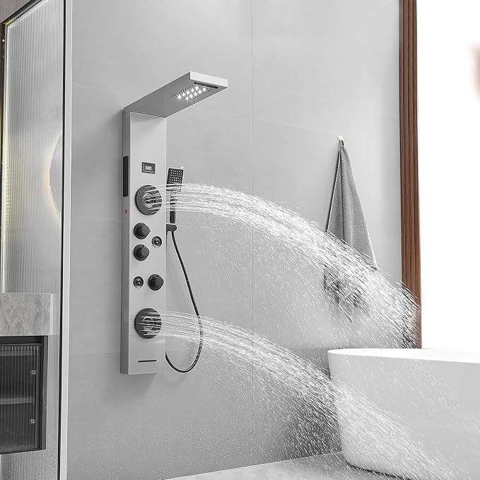 BWE Stainless Steel Shower Panel Tower System,LED Rainfall Waterfall Shower Head,4 Massage Body Jets,3 Functions Handhels Shower and Waterfall Tub Spout,Wall Mounted Shower Panel with Temp Display