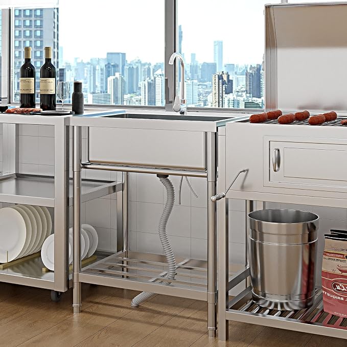 Stainless Steel Utility Sink, 28" Single Bowl Commercial Sink | Free Standing Utility Sink with Cold and Hot Water Pipe, for Kitchen, Laundry