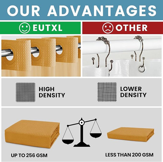 EUTXL Heavyweight Waffle No Hook Shower Curtain with Liner, 71x74, Gold | Snap in Liner, 256GSM, Thick, Hotel Luxury Spa, Waterproof Fabric, Corner Magnets, 3 in 1 Set, Washable, Hang in Seconds