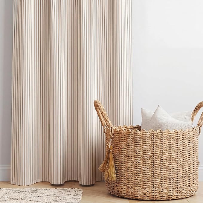 Mindsoft Stripe Cotton Toile Shower Curtain Ticking Stripes Woven Print Curtain Bathroom Decor for Traditional Contemporary Style Kitchen Bath (Brown and White,72 x 72 Inches,Stripe& Bow Knot Ties)