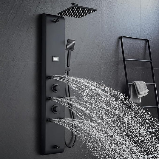 MENATT Stainless Steel Shower Panel Tower System with Height Adjustable Rainfall Shower Head, 4 in 1 Shower Panels with 6 Body Jets, Handheld Shower, Tub Spout, Brushed