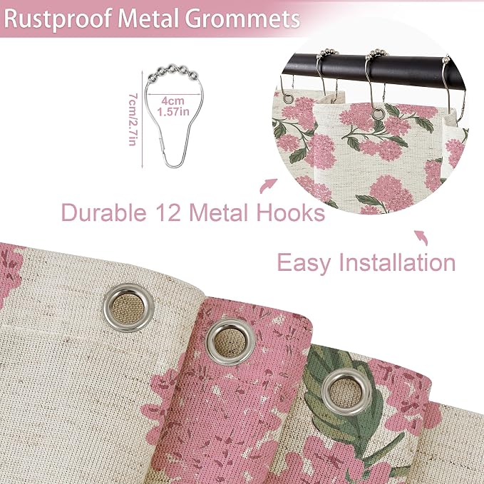ORTIGIA Linen Textured Ruffle Shower Curtain with Metal Hooks, Vintage Pink Hydrangea Floral Boho Waterproof Bath Curtain for Rustic Farmhouse Bathroom Decor 72x72 Inch