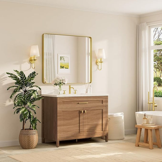 TETOTE 42 x 36 Inch Gold Mirror for Bathroom, Brushed Metal Frame Vanity Mirror, Brass Gold Rectangle Modern Decorative Wall Mirrors for Entryway Shatterproof (Horizontal/Vertical)