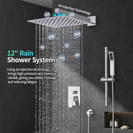 SR SUN RISE 12 Inch Square Shower System with Slide Bar,Polished Chrome | Rain Head and Handle System,16" Adjustable Shower Slide Bar,Soild Brass,Wall Mount,Included Valve and Trim Kit