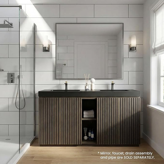 60" Double Bathroom Vanity with Sink Combo, Mid Century Modern Bathroom Cabinet with Doors & Shelves, Black Integrated Sink with Overflow, Smoked Oak