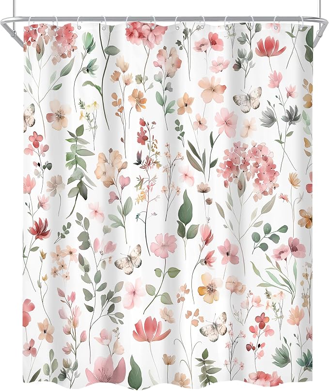 Pink Blush Coral Flower Floral Wildflower Leaf Bathroom Shower Curtain Set | 60"W x 72"H Leaves Butterfly; waterproof HD print, quick-dry fabric and plastic hooks for easy setup.