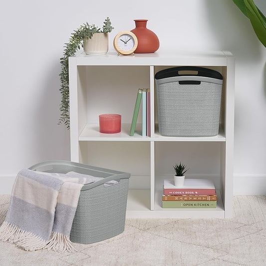 Curver Set of 2 XL 30.5 L Jute Decorative Plastic Organization and Storage Baskets - Perfect Bins for Home Office, Closet Shelves, Kitchen Pantry and All Bedroom Essentials, Grey