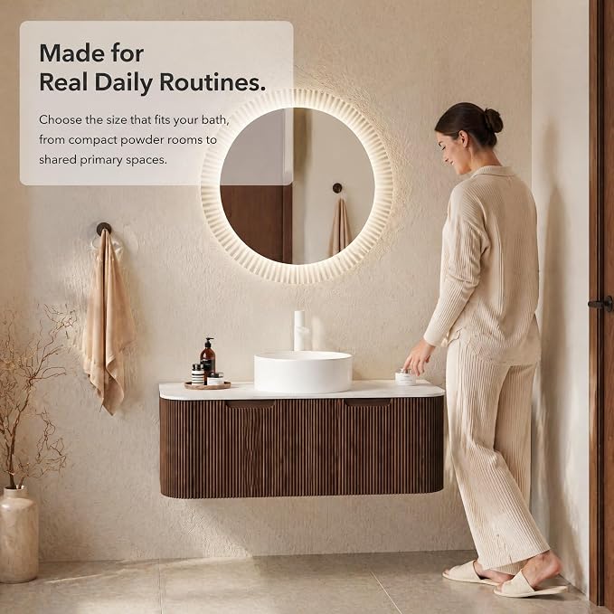 48 Inch Bathroom Vanity with Sink, Floating Wall Mounted Single Sink Vanity, Dark Walnut Curved Fluted Front, Stone Top, Pure White Round Vessel Basin, Pre-Assembled